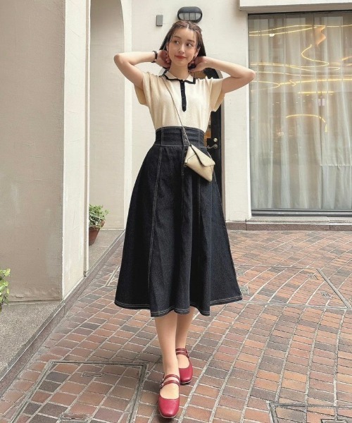 an another angelus（アンアナザーアンジェラス）の「配色ライン衿ニットポロ/ananotherangelus（ポロシャツ・レディース・ブラック/アイボリー/ライトピンク・FREE）」の11枚目の写真