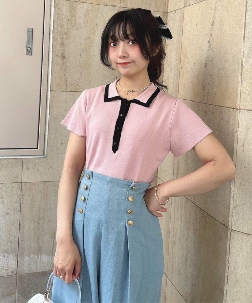 an another angelus（アンアナザーアンジェラス）の「配色ライン衿ニットポロ/ananotherangelus（ポロシャツ・レディース・ブラック/アイボリー/ライトピンク・FREE）」の7枚目の写真