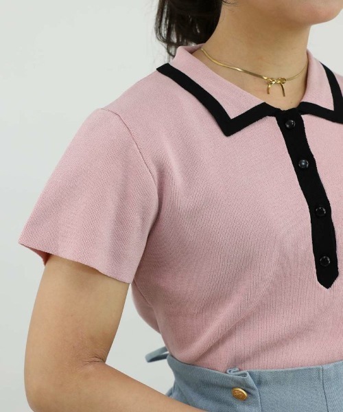an another angelus（アンアナザーアンジェラス）の「配色ライン衿ニットポロ/ananotherangelus（ポロシャツ・レディース・ブラック/アイボリー/ライトピンク・FREE）」の18枚目の写真