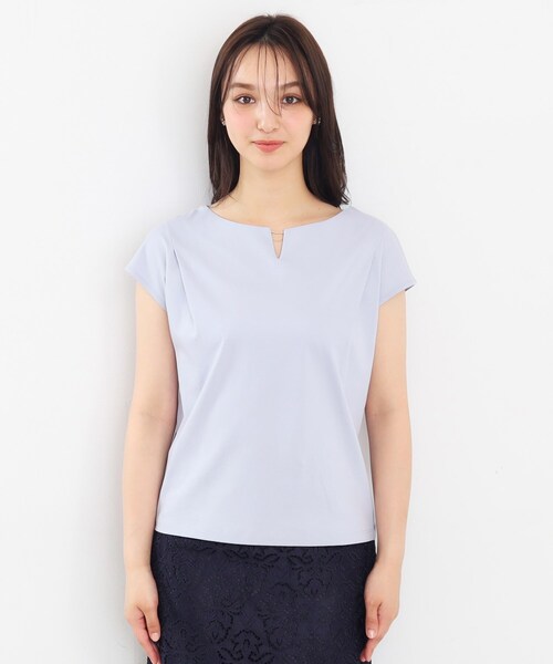index（インデックス）の「◆《5color/XS-LLsize》キーネックフレンチトップス【接触冷感/洗濯機洗い可】（Tシャツ/カットソー・レディース・オフホワイト/ネイビー/オレンジ/サックスブルー/ナチュラル・34/36/38/40/42）」の6枚目の写真