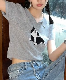 DOGプリント襟付き半袖ニットトップス