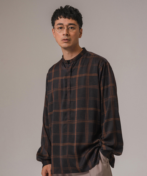 DEVEAUX チェック柄 カジュアルシャツ DEVEAUX(デボー) パターン バンドカラープルオーバーシャツ