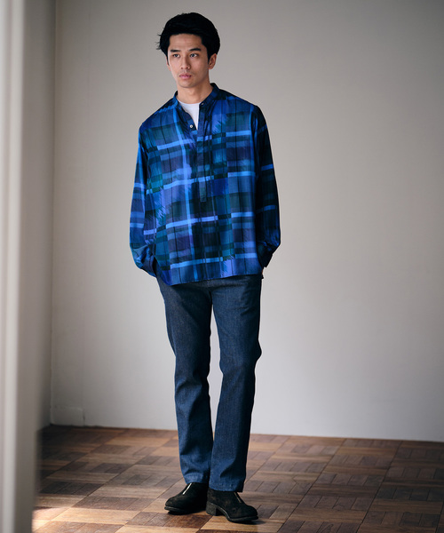 DEVEAUX(デボー) パターン バンドカラープルオーバーシャツ