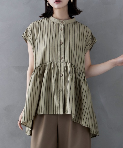 etoll.(エトル)の「ストライプペプラムギャザーブラウス(シャツ/ブラウス・レディース・グレイッシュベージュ/ブルー・M)」の8枚目の写真