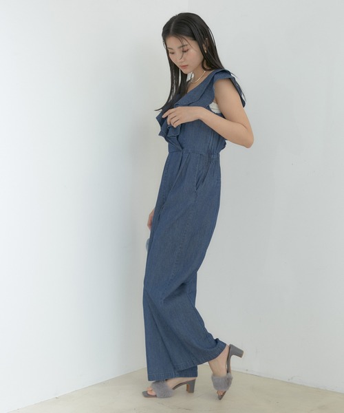 VIS（ビス）の「【洗える】フリル付きデニムオールインワン（つなぎ/オールインワン・レディース・ブラック/ブルー系その他4・M/S）」の4枚目の写真