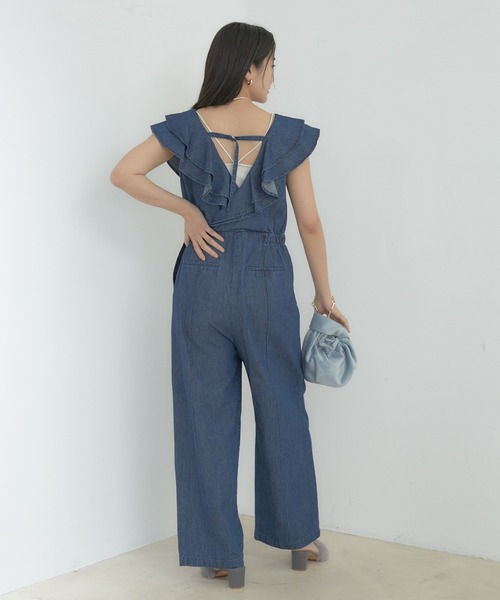 VIS（ビス）の「【洗える】フリル付きデニムオールインワン（つなぎ/オールインワン・レディース・ブラック/ブルー系その他4・M/S）」の5枚目の写真