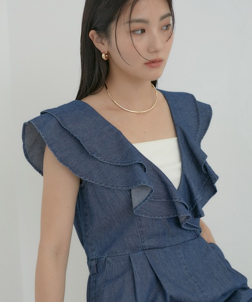 VIS（ビス）の「【洗える】フリル付きデニムオールインワン（つなぎ/オールインワン・レディース・ブラック/ブルー系その他4・M/S）」の8枚目の写真