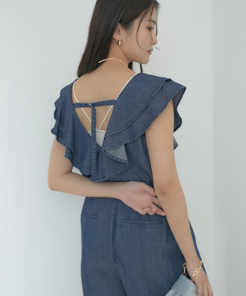 VIS（ビス）の「【洗える】フリル付きデニムオールインワン（つなぎ/オールインワン・レディース・ブラック/ブルー系その他4・M/S）」の9枚目の写真