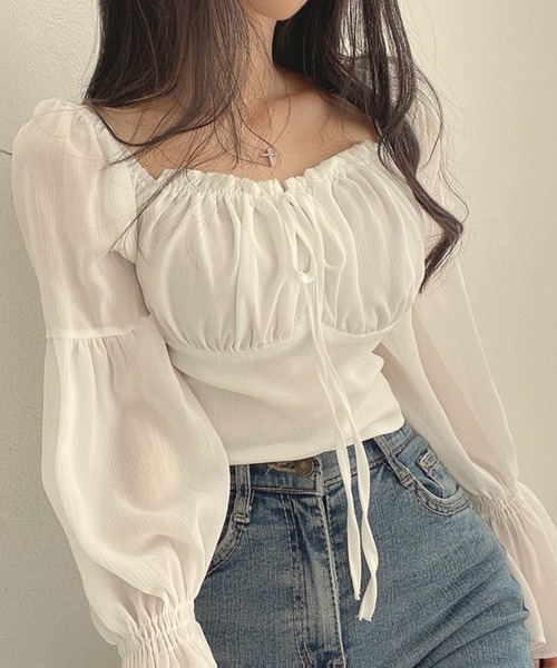 Nia(ニア)の「Nia(ニア)/シースルーボリュームフリルブラウス(シャツ/ブラウス・レディース・ピンク/ホワイト・LARGE/MEDIUM/SMALL)」の7枚目の写真