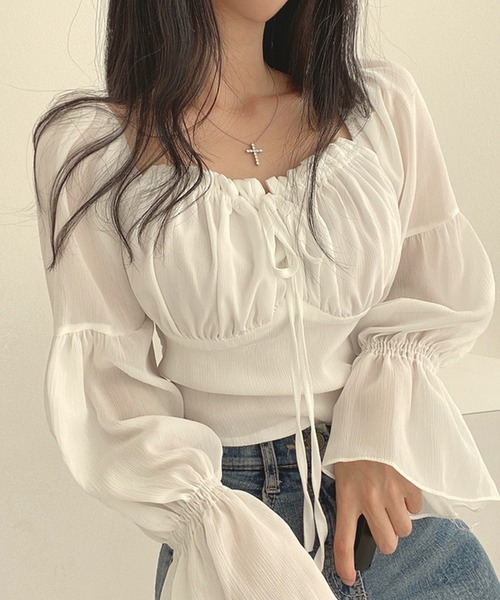 Nia(ニア)の「Nia(ニア)/シースルーボリュームフリルブラウス(シャツ/ブラウス・レディース・ピンク/ホワイト・LARGE/MEDIUM/SMALL)」の9枚目の写真