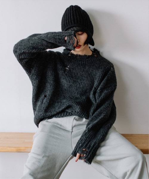 SUWDEE（スーディー）の「damage knit（ニット/セーター・レディース・グリーン/チャコールグレー・FREE）」の2枚目の写真