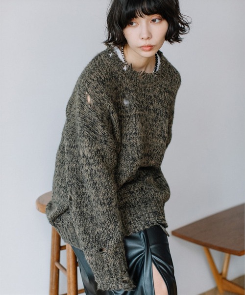 SUWDEE（スーディー）の「damage knit（ニット/セーター・レディース・グリーン/チャコールグレー・FREE）」の12枚目の写真