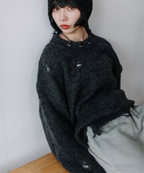 SUWDEE（スーディー）の「damage knit（ニット/セーター・レディース・グリーン/チャコールグレー・FREE）」の3枚目の写真