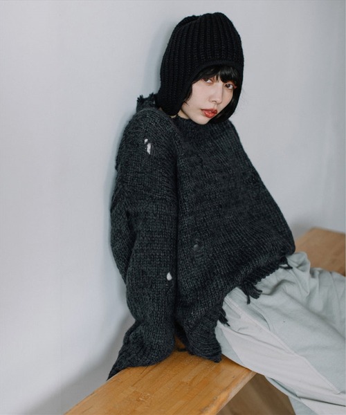 SUWDEE（スーディー）の「damage knit（ニット/セーター・レディース・グリーン/チャコールグレー・FREE）」の5枚目の写真