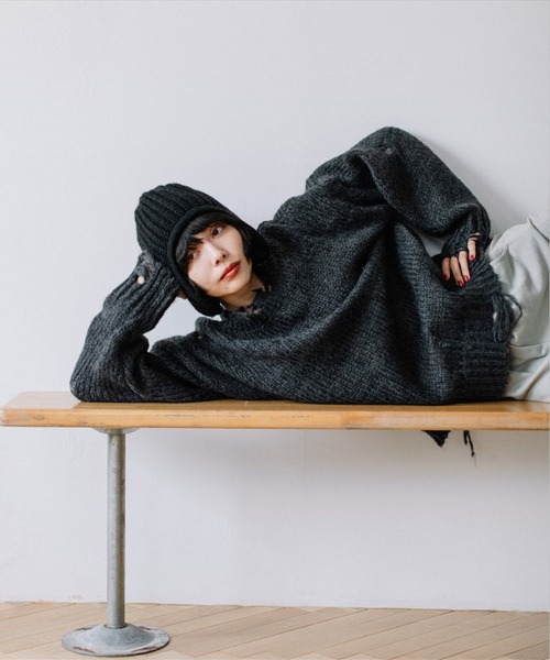 SUWDEE（スーディー）の「damage knit（ニット/セーター・レディース・グリーン/チャコールグレー・FREE）」の6枚目の写真