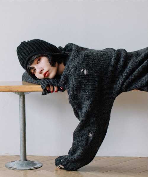 SUWDEE（スーディー）の「damage knit（ニット/セーター・レディース・グリーン/チャコールグレー・FREE）」の7枚目の写真
