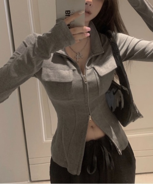 LADY LIKE(レディライク)の「胸ポケット付きダブルジッププチハイトップス(Tシャツ/カットソー・レディース・グレー/ホワイト/ブラック・M)」の7枚目の写真
