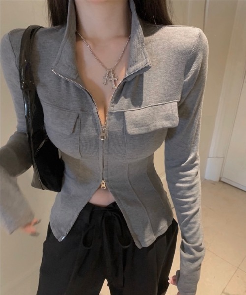 LADY LIKE(レディライク)の「胸ポケット付きダブルジッププチハイトップス(Tシャツ/カットソー・レディース・グレー/ホワイト/ブラック・M)」の13枚目の写真