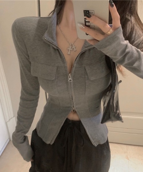 LADY LIKE(レディライク)の「胸ポケット付きダブルジッププチハイトップス(Tシャツ/カットソー・レディース・グレー/ホワイト/ブラック・M)」の15枚目の写真