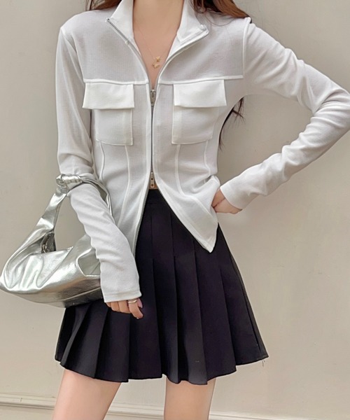 セール】胸ポケット付きダブルジッププチハイトップス（Tシャツ