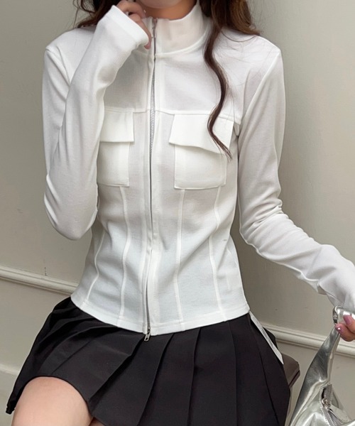 セール】胸ポケット付きダブルジッププチハイトップス（Tシャツ