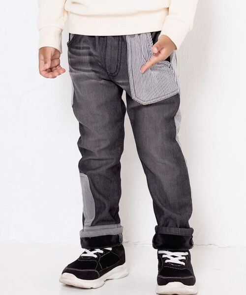 【セール】ヒッコリー＋ボンディングパッチワークデニムパンツ(100~160cm)（その他パンツ）｜WASK（ワスク）
