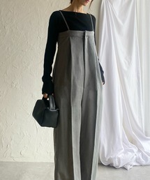 フロントジップハイウエストタック入りオールインワンワイドパンツサロペット