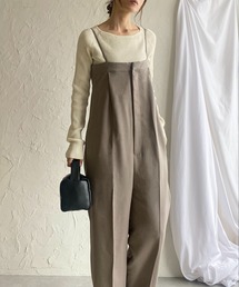フロントジップハイウエストタック入りオールインワンワイドパンツサロペット
