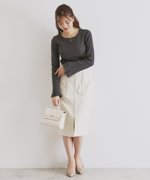 セール】フロントパール袖フリルリブニット【洗濯機洗い可】（ニット