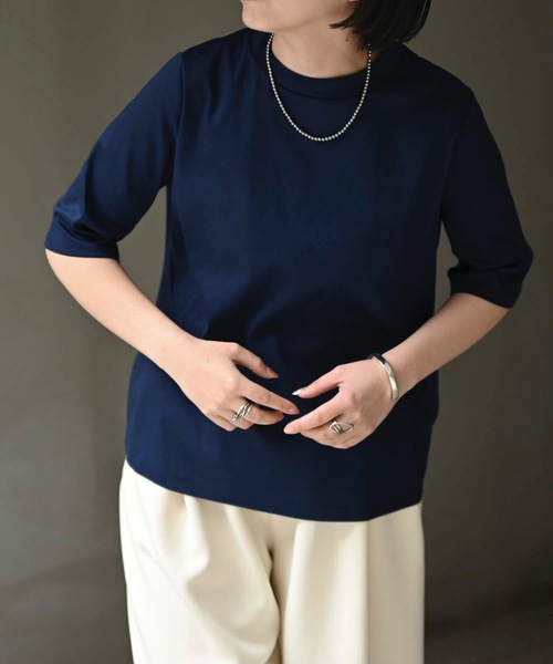&HALF(アンドハーフ)の「接触冷感クルーネック半袖カットソー(Tシャツ・日本製)(Tシャツ/カットソー・レディース・ブルー/オフホワイト/ネイビー/ベージュ/ブラック/ピンク・M/LL/L)」の20枚目の写真
