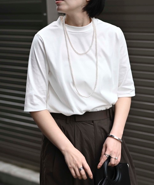&HALF(アンドハーフ)の「接触冷感クルーネック半袖カットソー(Tシャツ・日本製)(Tシャツ/カットソー・レディース・ブルー/オフホワイト/ネイビー/ベージュ/ブラック/ピンク・M/LL/L)」の12枚目の写真