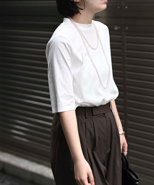 &HALF(アンドハーフ)の「接触冷感クルーネック半袖カットソー(Tシャツ・日本製)(Tシャツ/カットソー・レディース・ブルー/オフホワイト/ネイビー/ベージュ/ブラック/ピンク・M/LL/L)」の14枚目の写真