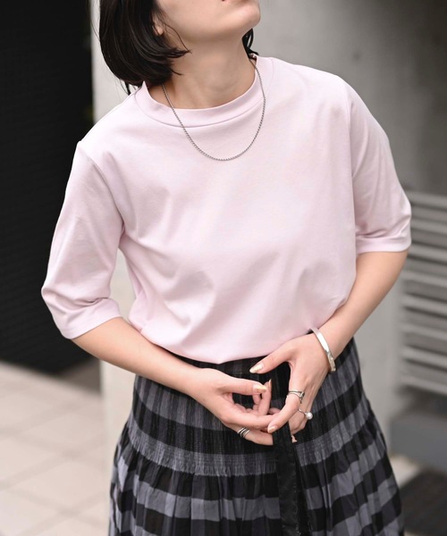 &HALF(アンドハーフ)の「接触冷感クルーネック半袖カットソー(Tシャツ・日本製)(Tシャツ/カットソー・レディース・ブルー/オフホワイト/ネイビー/ベージュ/ブラック/ピンク・M/LL/L)」の17枚目の写真