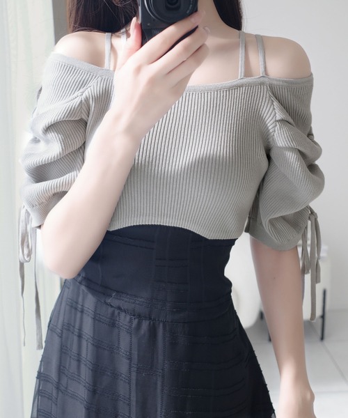 mily bilet（ミウィビレット）の「【mily bilet】1枚で映える主役級。オフショル2wayパフ袖リボンニットドッキングワンピース（ワンピース・レディース・ベージュ系2/グレー/ベージュ系1・X-LARGE/SMALL/MEDIUM/LARGE）」の10枚目の写真