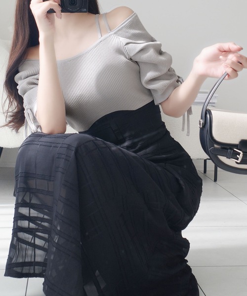 mily bilet（ミウィビレット）の「【mily bilet】1枚で映える主役級。オフショル2wayパフ袖リボンニットドッキングワンピース（ワンピース・レディース・ベージュ系2/グレー/ベージュ系1・X-LARGE/SMALL/MEDIUM/LARGE）」の5枚目の写真