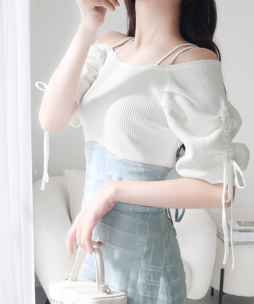 mily bilet（ミウィビレット）の「【mily bilet】1枚で映える主役級。オフショル2wayパフ袖リボンニットドッキングワンピース（ワンピース・レディース・ベージュ系2/グレー/ベージュ系1・X-LARGE/SMALL/MEDIUM/LARGE）」の15枚目の写真