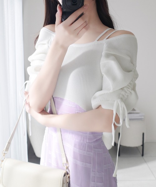 mily bilet（ミウィビレット）の「【mily bilet】1枚で映える主役級。オフショル2wayパフ袖リボンニットドッキングワンピース（ワンピース・レディース・ベージュ系2/グレー/ベージュ系1・X-LARGE/SMALL/MEDIUM/LARGE）」の22枚目の写真