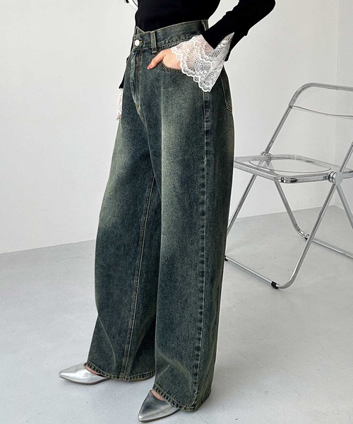 ハイウエスト斜めボタンワイドストレートデニムパンツ ハイウエスト斜めボタンワイドストレートデニムパンツ (デニム