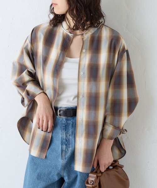 CIAOPANIC TYPY（チャオパニックティピー）の「【しわになりにくい】ボリュームスリーブバンドカラーシャツ/ストライプ柄/チェック柄（シャツ/ブラウス・レディース・サックスブルー/グリーン/レッド/ブラウン/ネイビー/ピンク/キャメル/イエロー/アイボリー/ブルー・ONE SIZE）」の8枚目の写真