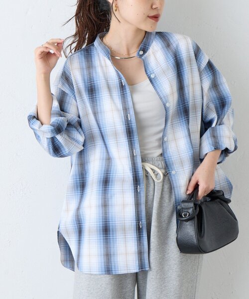 しわになりにくい】ボリュームスリーブバンドカラーシャツ（シャツ