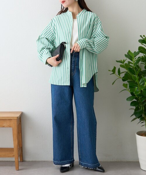 日焼け対策・お手入れ簡単】ボリュームスリーブストライプバンドカラー