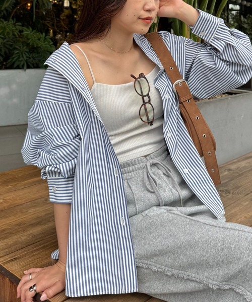 日焼け対策・お手入れ簡単】ボリュームスリーブストライプバンドカラー