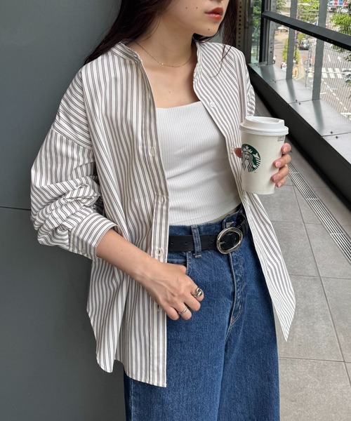 CIAOPANIC TYPY（チャオパニックティピー）の「【しわになりにくい】ボリュームスリーブバンドカラーシャツ/ストライプ柄/チェック柄（シャツ/ブラウス・レディース・サックスブルー/グリーン/レッド/ブラウン/ネイビー/ピンク/キャメル/イエロー/アイボリー/ブルー・ONE SIZE）」の3枚目の写真