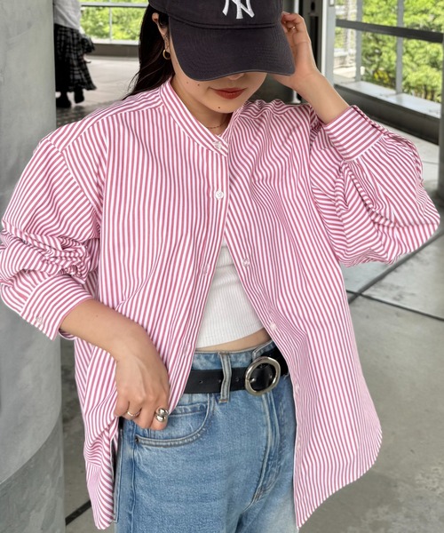 CIAOPANIC TYPY（チャオパニックティピー）の「【しわになりにくい】ボリュームスリーブバンドカラーシャツ/ストライプ柄/チェック柄（シャツ/ブラウス・レディース・サックスブルー/グリーン/レッド/ブラウン/ネイビー/ピンク/キャメル/イエロー/アイボリー/ブルー・ONE SIZE）」の10枚目の写真