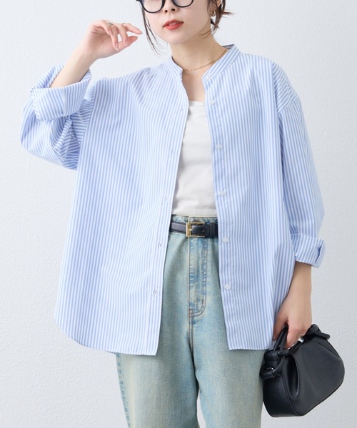 CIAOPANIC TYPY（チャオパニックティピー）の「【しわになりにくい】ボリュームスリーブバンドカラーシャツ/ストライプ柄/チェック柄（シャツ/ブラウス・レディース・サックスブルー/グリーン/レッド/ブラウン/ネイビー/ピンク/キャメル/イエロー/アイボリー/ブルー・ONE SIZE）」の5枚目の写真