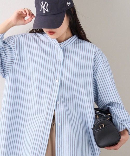 CIAOPANIC TYPY（チャオパニックティピー）の「【しわになりにくい】ボリュームスリーブバンドカラーシャツ/ストライプ柄/チェック柄（シャツ/ブラウス・レディース・サックスブルー/グリーン/レッド/ブラウン/ネイビー/ピンク/キャメル/イエロー/アイボリー/ブルー・ONE SIZE）」の6枚目の写真