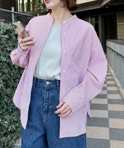 CIAOPANIC TYPY（チャオパニックティピー）の「【しわになりにくい】ボリュームスリーブバンドカラーシャツ/ストライプ柄/チェック柄（シャツ/ブラウス・レディース・サックスブルー/グリーン/レッド/ブラウン/ネイビー/ピンク/キャメル/イエロー/アイボリー/ブルー・ONE SIZE）」の11枚目の写真