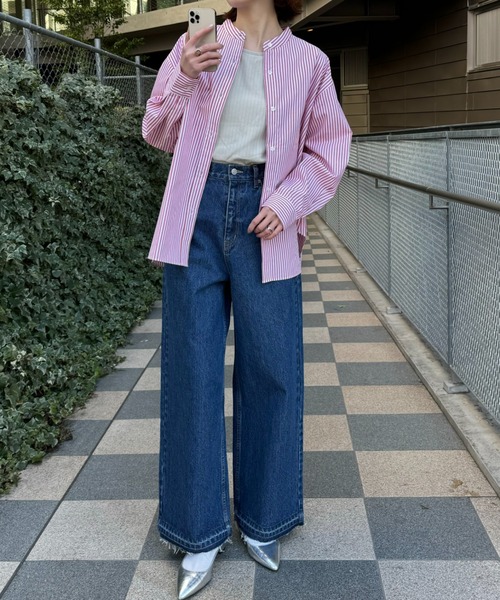 CIAOPANIC TYPY（チャオパニックティピー）の「【しわになりにくい】ボリュームスリーブバンドカラーシャツ/ストライプ柄/チェック柄（シャツ/ブラウス・レディース・サックスブルー/グリーン/レッド/ブラウン/ネイビー/ピンク/キャメル/イエロー/アイボリー/ブルー・ONE SIZE）」の12枚目の写真