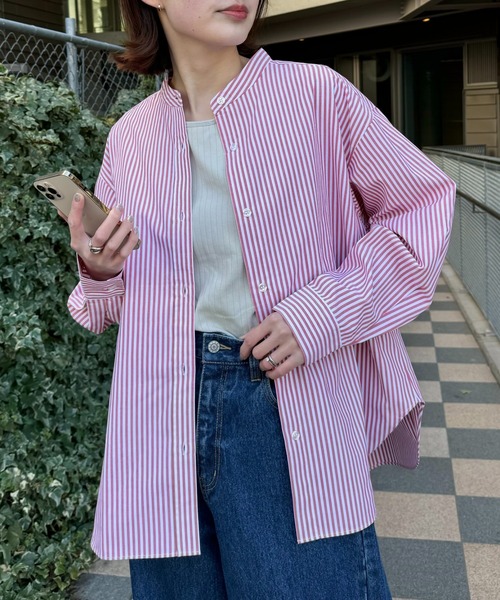 日焼け対策・お手入れ簡単】ボリュームスリーブストライプバンドカラー