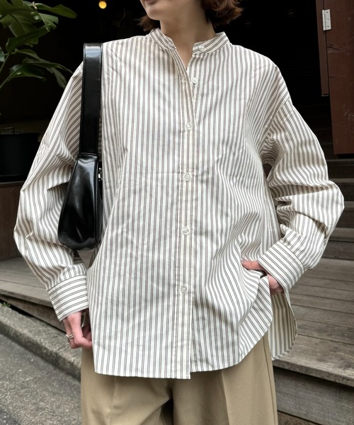 CIAOPANIC TYPY（チャオパニックティピー）の「【しわになりにくい】ボリュームスリーブバンドカラーシャツ/ストライプ柄/チェック柄（シャツ/ブラウス・レディース・サックスブルー/グリーン/レッド/ブラウン/ネイビー/ピンク/キャメル/イエロー/アイボリー/ブルー・ONE SIZE）」の15枚目の写真